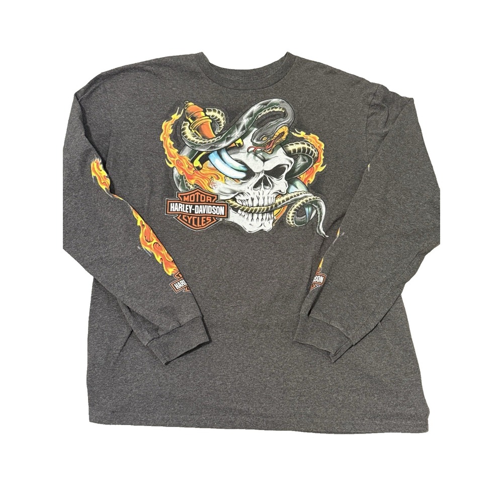 Harley Davidson L/S Shirt Gray Mens XL Skull HD‎ Flames
